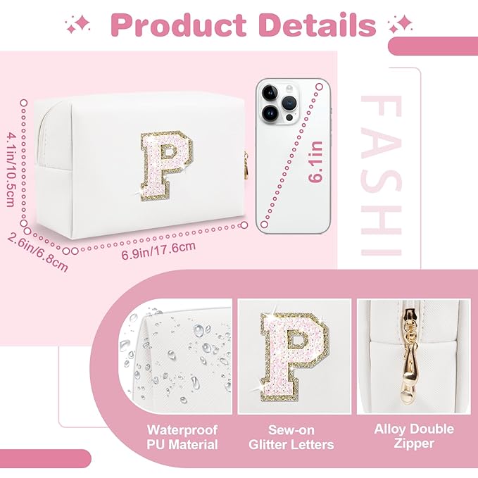 Small Initial Patch Makeup Bag Personalized Gifts Make Up Bag,White Cute PU Leather Glitter Letter Cosmetic Bag with Zipper,Trendy Portable Travel Toiletry Pouch,Preppy Stuff for Teen Girls Women P