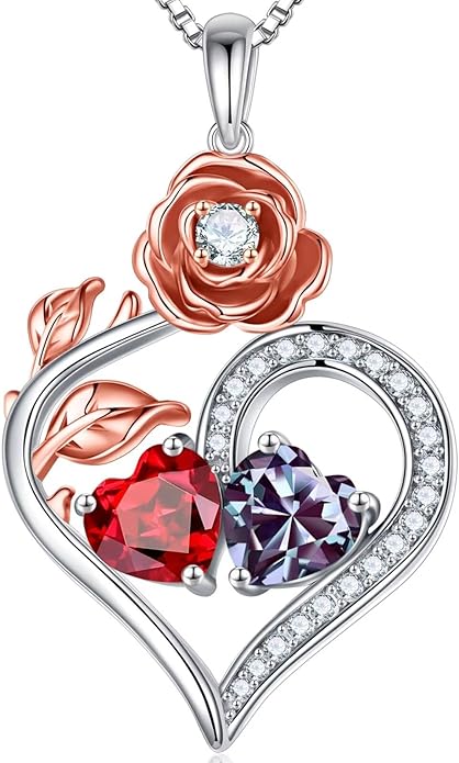 Iefil Rose Heart Birthstone Necklaces for Women - 925 Sterling Silver Double Birthstone Necklace, Anniversary Birthday Gifts for Women, Jewelry Gifts for Wife Her