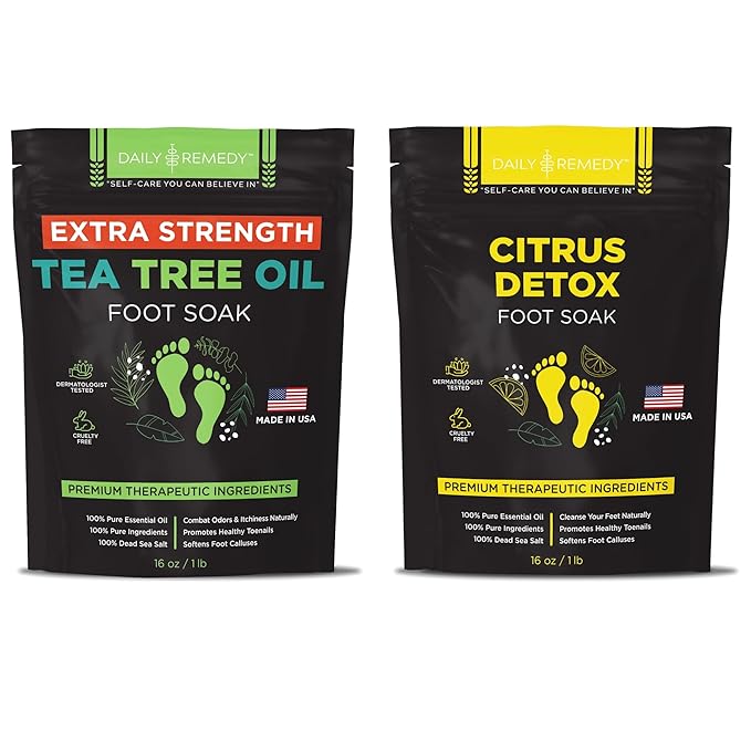 DAILY REMEDY EXTRA STRENGTH Tea Tree Oil & Citrus Detox Foot Soak Set - Made in USA - Soothes Sore Tired Feet, Athletes Foot, Stubborn Foot Odor, Softens Calluses & Refreshes & Detoxifies - Pack of 2