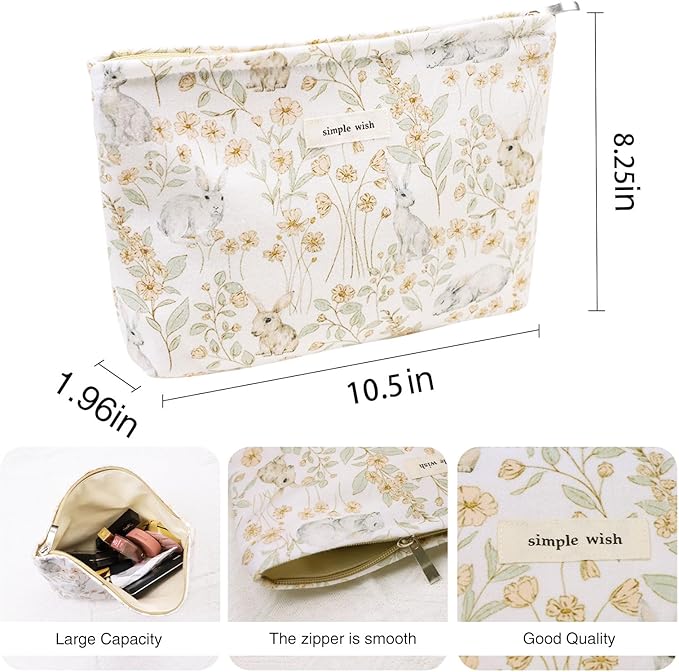 Wudygirl Cute Rabbit Cosmetic Bag - Travel Toiletry Bag & Makeup Pouch for Women & Girls - Large Capacity Canvas Organizer with Zipper Pencil Pouch