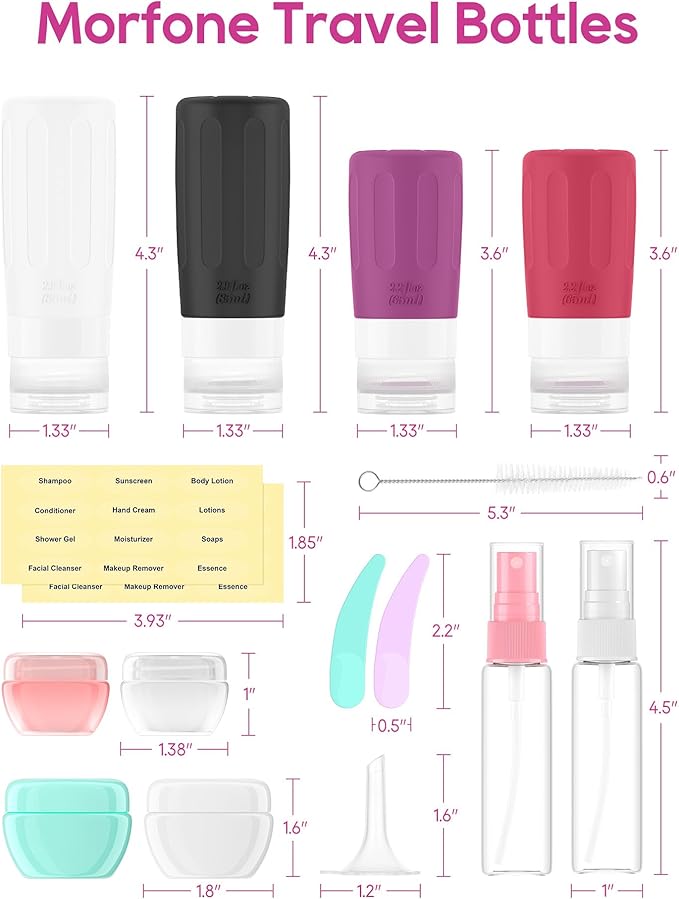 Morfone 16 Pack Travel Bottles Set for Toiletries, TSA Approved Travel Containers Leak Proof Silicone Squeezable Travel Accessories 2oz 3oz for Shampoo Conditioner Lotion Body Wash (BPA Free)