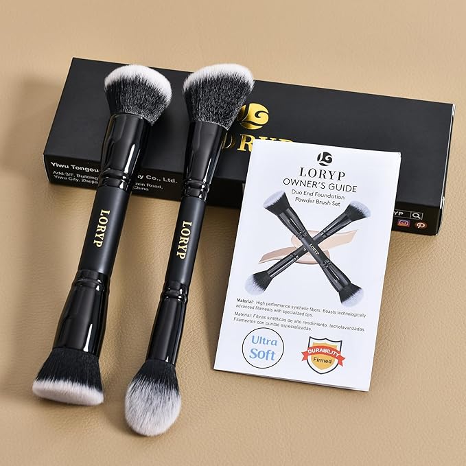 LORYP Black Makeup Brushes 2Pcs Duo End Foundation Powder Brush Set, Blush & Highlighter Brush and Round & Flat Foundation Brush