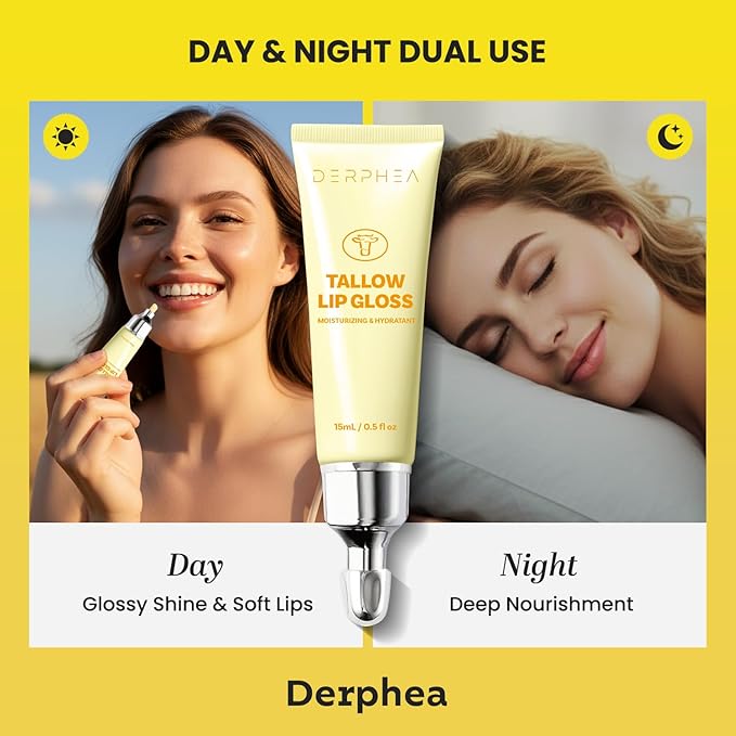 Organic Beef Tallow Lip Balm – 8H Moisturizing for Dry Lips, Glossy Shine & Soft Lips - Overnight Lip Mask & Daytime Moisturizer with Shea Butter & Vitamin E, 2 Tubes