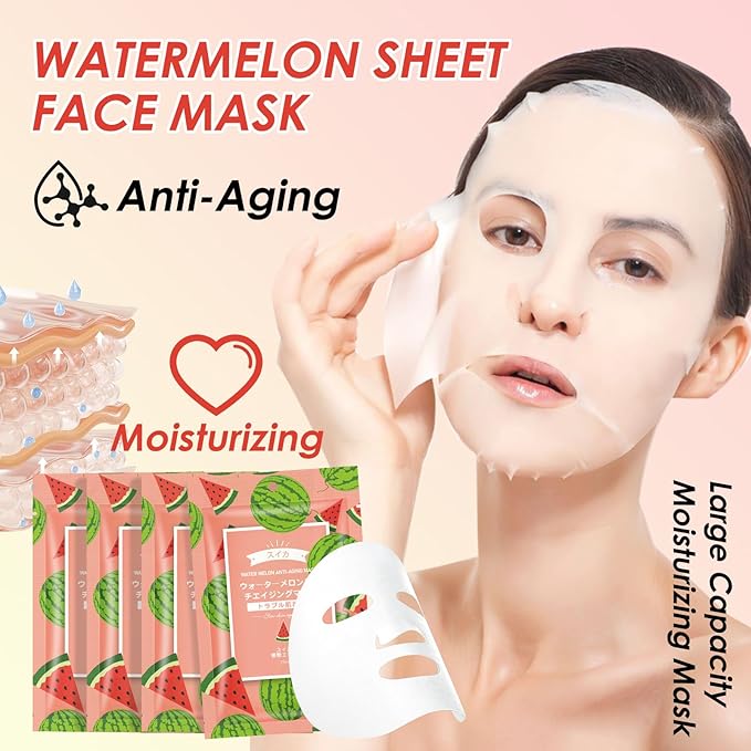 10 Pack Fruits Sheet Face Mask, Watermelon Refreshing Mask SkinCare, Moisturizing Face Mask, Leaves Skin Smoother Looking Hydration With Antioxidants Natural Vegan for All Skin Types