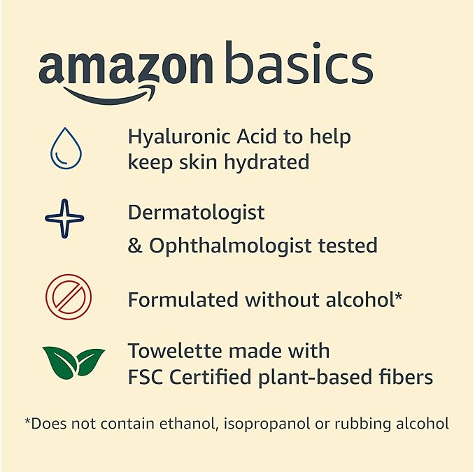 Amazon Basics Makeup Remover Wipes, Gentle Cleansing, Dermatologist Tested, Hydrating, Plant Based, Alcohol Free, Removes Waterproof Mascara, 25 Count Per Pack, Pack of 6 (Previously Solimo)