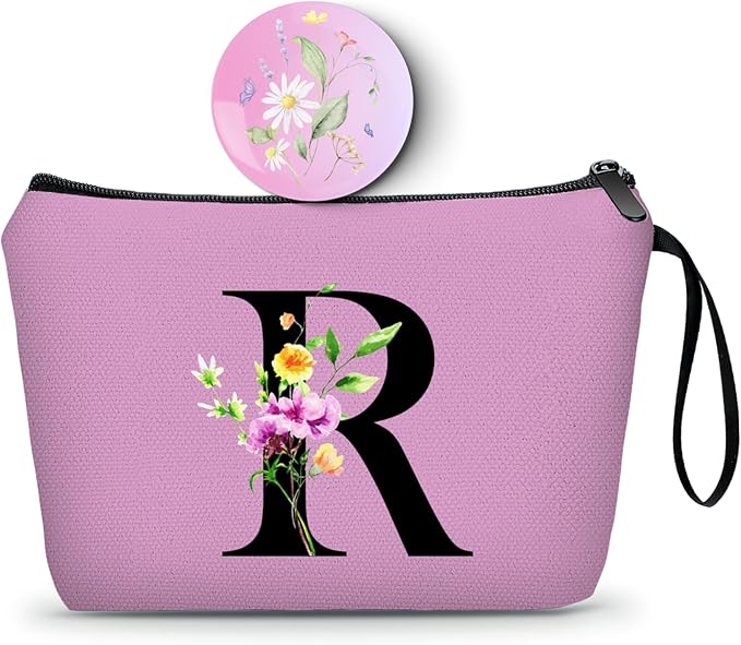 Women Birthday Maid of Honor Monogrammed Gifts for Bride Bridesmaid Sister Friend Her Teacher Makeup Cosmetic Bag with Mirror Mothers Day Christmas Graduation R
