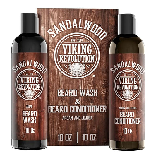 Beard Wash & Beard Conditioner Set w/Argan & Jojoba Oils - Softens & Strengthens - Natural Sandalwood Scent - Beard Shampoo w/Beard Oil (10oz)