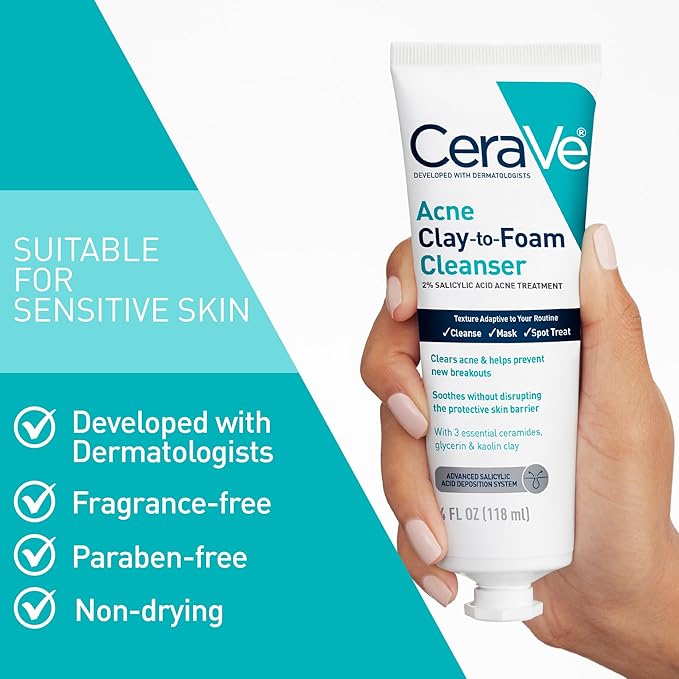CeraVe Clay To Foam Acne Face Wash, Multi-Use Salicylic Acid & Kaolin Clay Acne Spot Treatment Clears Pimples & Blackheads, Prevents Breakouts, Hydrates & Soothes, Fragrance-Free, Non-Comedogenic, 4oz
