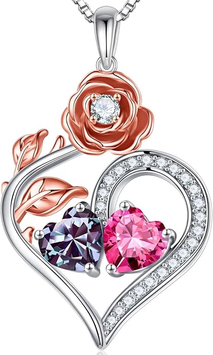 Iefil Rose Heart Birthstone Necklaces for Women - 925 Sterling Silver Double Birthstone Necklace, Anniversary Birthday Gifts for Women, Jewelry Gifts for Wife Her