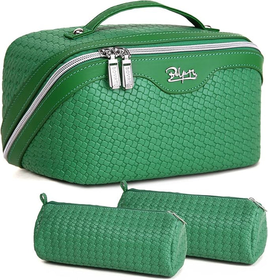 BOYATU Travel Makeup Bags for Women: Large Cosmetic Organizer Bag - Vegan Leather Make up Bag Set of 3 - Protable Toiletry Bags with Compartments (L19 Green)