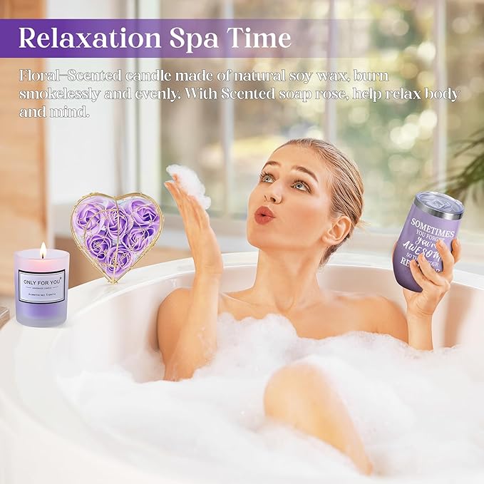 Gifts Baskets for Women, Birthday Baskets Mom, Sister, Her, Employee, Wife, Thanksgiving Day, Christmas Gifts for Women, Care Package, Gift Sets with Canvas Tote Bag Sock Tumbler Soap Flower