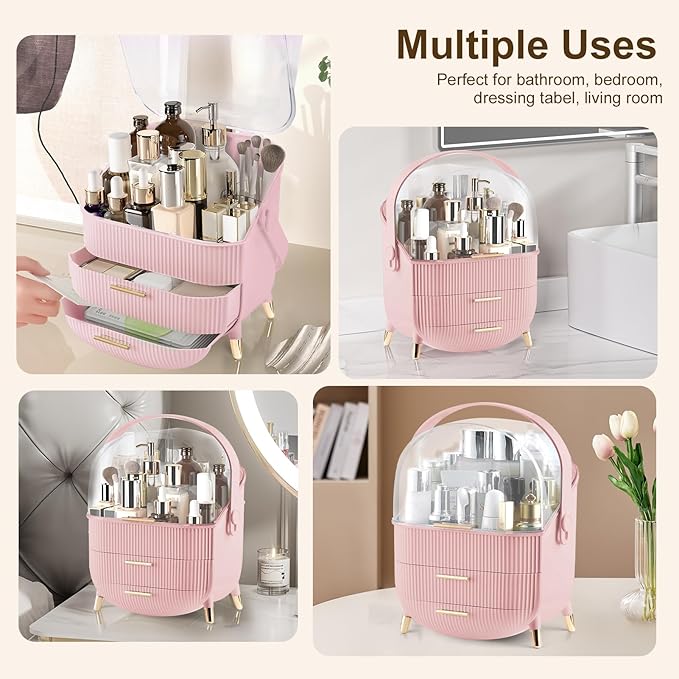 YGJT Make up Organizers and Storage, Makeup Organizer for Vanity, Cosmetics Skincare Organizers with Lid and Drawers, Cosmetic Display Cases for Countertop, Bathroom, Ideal Gifts for Women(Pink)