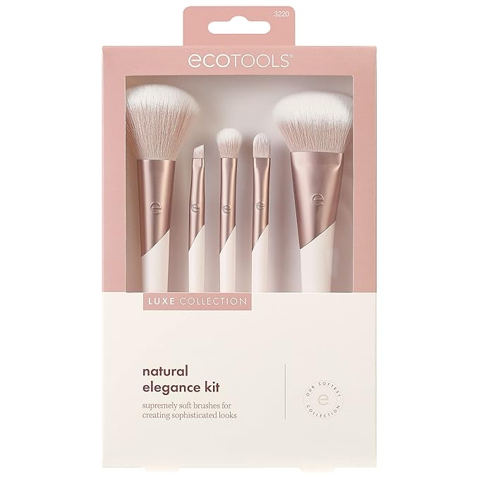 EcoTools Luxe Natural Elegance Professional Face Makeup & Foundation Brush Set, Premium Brush Kit For Face, Cheek, & Eye Makeup, Synthetic Makeup Brushes, Vegan & Cruelty-Free, 5 Piece Set