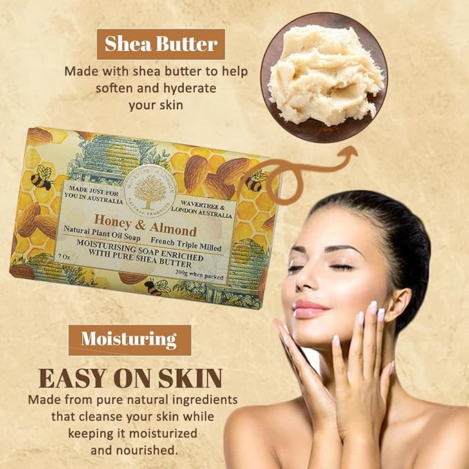 Wavertree & London Honey Almond Scented Natural Soap (2 Bars), 7oz Moisturizing French Triple Milled Soap Bars enriched with shea butter - Pure Plant Based Bath & Body Bars for All Skin Types