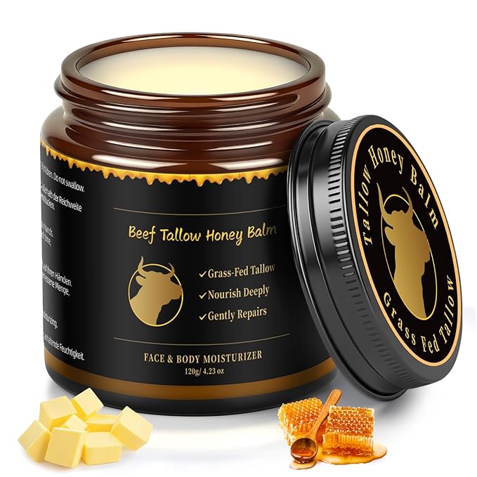 Beef Tallow for Skin, Tallow and Honey Balm for Face, Skin Care Cream Body Butter, Natural Formula, Nourish and Soothe Dry Skin, 120g/4.2oz