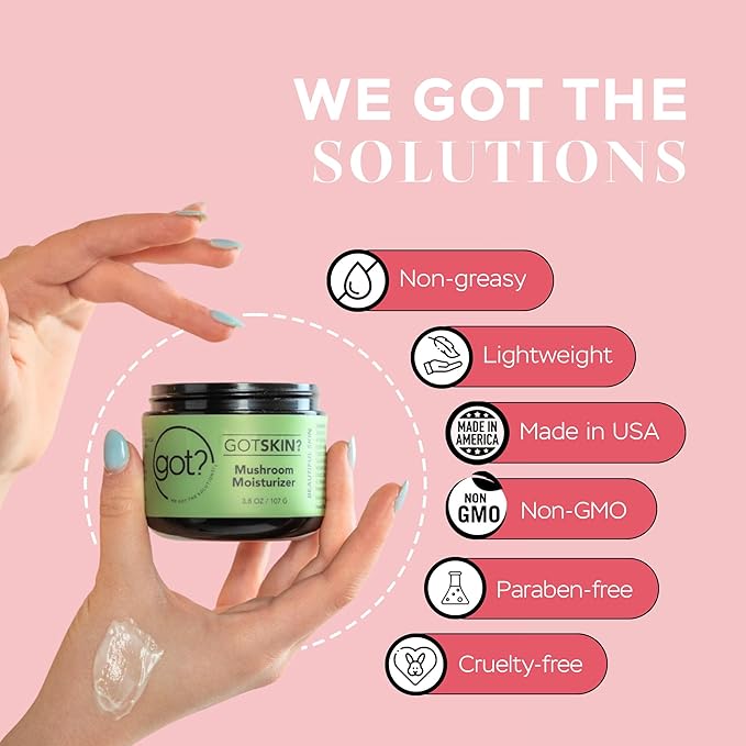 Got? Mushroom Moisturizer - Lightweight Hydrating Cream Infused with Reishi, Chaga, Cordyceps and Lion’s Mane Mushroom Extracts, Shea Butter, Vitamin E, and Essential Oils - 3.8 oz
