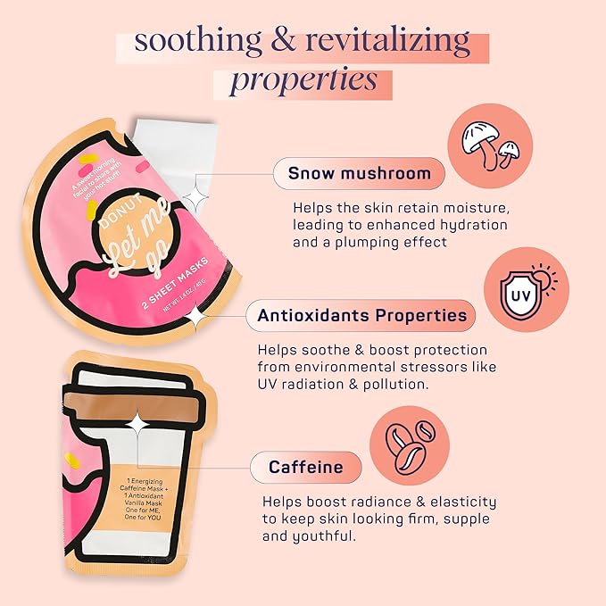 SpaLife Donut Let Me Go Duo Facial Masks - Pack of 6 - Skincare Gift Set for Valentine's Day - Radiant Caffeine and Soothing Vanilla - Beauty Moisture Hydration Face Mask for Men and Women