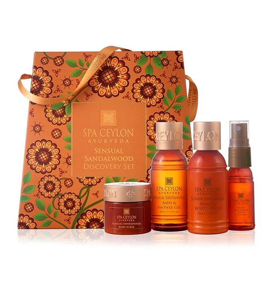 Spa Ceylon Sensual Sandalwood Discovery Set | Mind & Body Care Travel Size Set for All Skin Types | Body & Pillow Mist | Bath & Shower Gel | Hand & Body Lotion | Body Scrub
