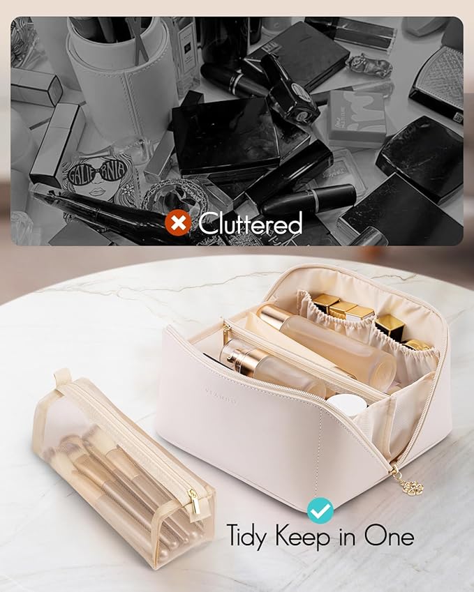 Vlando Travel Makeup Bag,Teacher Appreciation Gifts,Large Capacity Toiletry Bag for Women Wide Open Cosmetic Organizer with Divider and Handle(White)