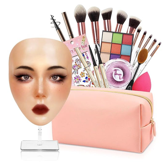 Silicone Makeup Practice Board - Full Face Mannequin with Makeup Kit, Face Gems, Brushes - Perfect for Beginners & Professionals