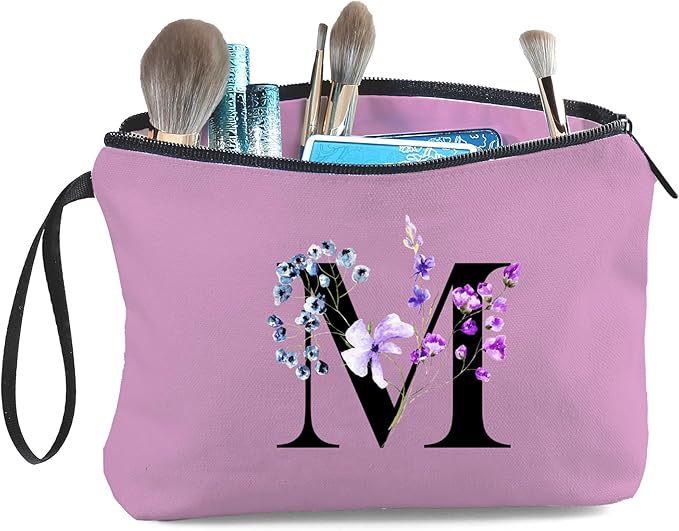 Women Birthday Maid of Honor Monogrammed Gifts for Bride Bridesmaid Sister Friend Her Teacher Makeup Cosmetic Bag with Mirror Mothers Day Christmas Graduation M