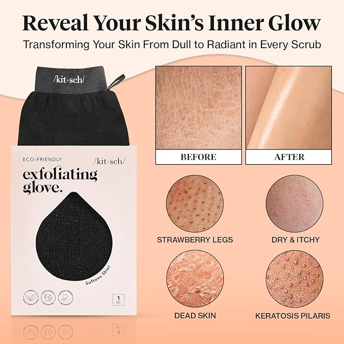 Kitsch Exfoliating Glove – Korean Exfoliating Mitt & Deep Exfoliating Body Scrubber for Shower, Bath | Body Exfoliator, Dead Skin Remover | Skin Care for Smooth, Renewed Skin - 1pc, Black