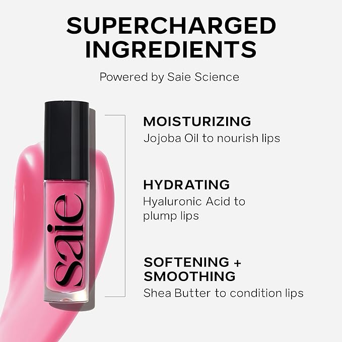 Saie Glossybounce - Hydrating Lip Gloss and Tinted Lip Oil Hybrid with Hyaluronic Acid & Jojoba Oil for Non-Sticky, Ultra-Shiny, Plump & Soft Lips - Everyday Makeup Essential - Bounce (.17 oz)