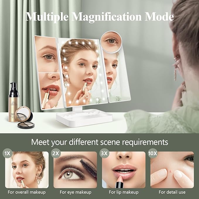 HUONUL Rechargeable Makeup Mirror with 3 Color Lights, 2000mAh Lighted Makeup Mirror, Magnetic 10X Magnifying Mirror, 360 Degree Rotation, Portable Vanity Mirror, Women Gift (Magnetic 10X-White)