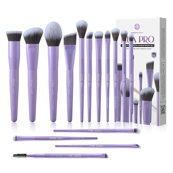 EIGSHOW Makeup Brushes Set, 15Pcs Professional Make Up Brush with Silver Ion Bristles for Foundation Powder Blush Highlighter Concealer Eyeshadow Eyeliner, Travel Gift Set (Matte Purple)