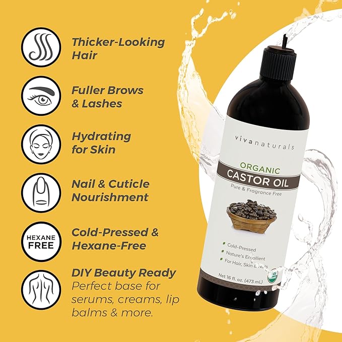 Viva Naturals Organic Castor Oil, Cold-Pressed, 16 fl oz – For Face, Hair, Eyelashes, USDA Organic, Non-GMO - With Beauty Kit