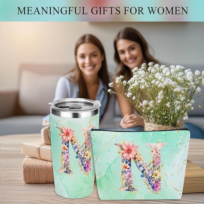 Personalized Gifts Monogrammed Birthday Gifts for Women, Colleague, Female Farewell Christmas, Initial 20 oz Tumbler, Makeup Cosmetic Bag Cup Pens Journal Notebook 6 Set, (Aesthetic Green Flower N)