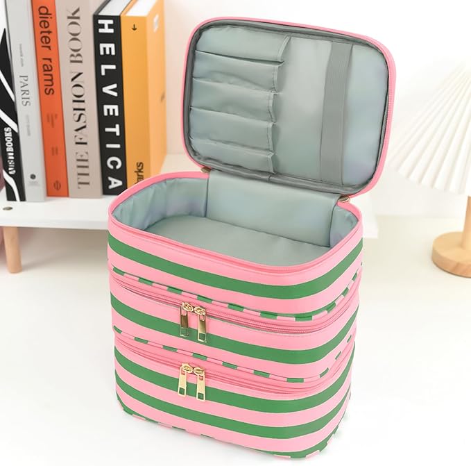 Three Layer Makeup Bag for Women Fashion Stripes Cosmetic Bag Preppy Style Travel Water-Resistant Toiletry Bag for Storage Toiletries Cosmetics Sets for Women Teen Girls Green
