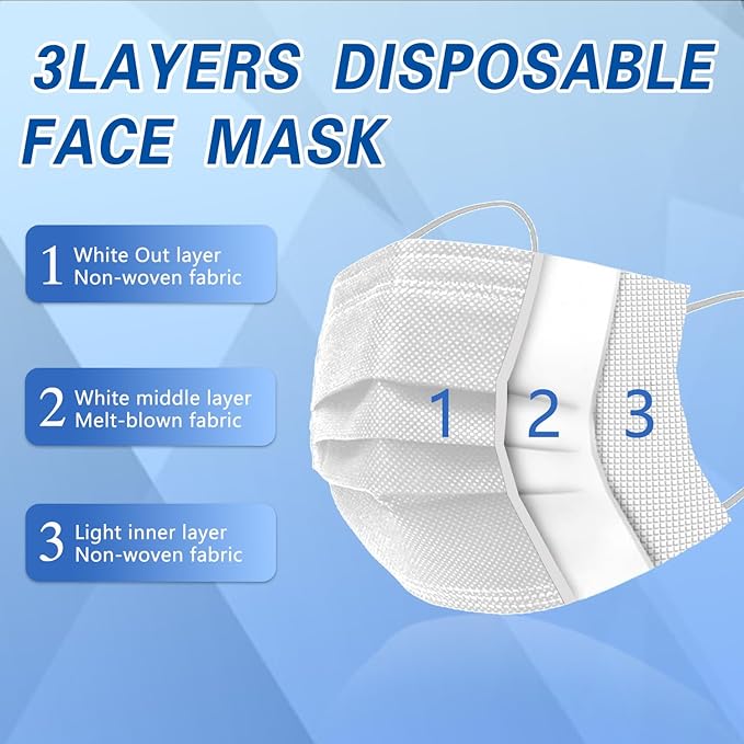 100Pcs White Disposable Face Mask, 3 Ply Masks with Soft Elastic Ear loops