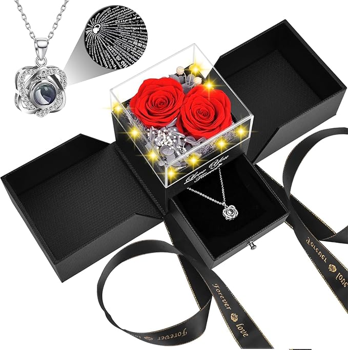 2 Preserved Real Rose with Heart I Love You Necklace- Eternal Rose Birthday Gifts for Women Wife Girlfriend Her Mom Grandma on Festivals Gifts Christmas Valentines Mothers Day Anniversary-Red Rose