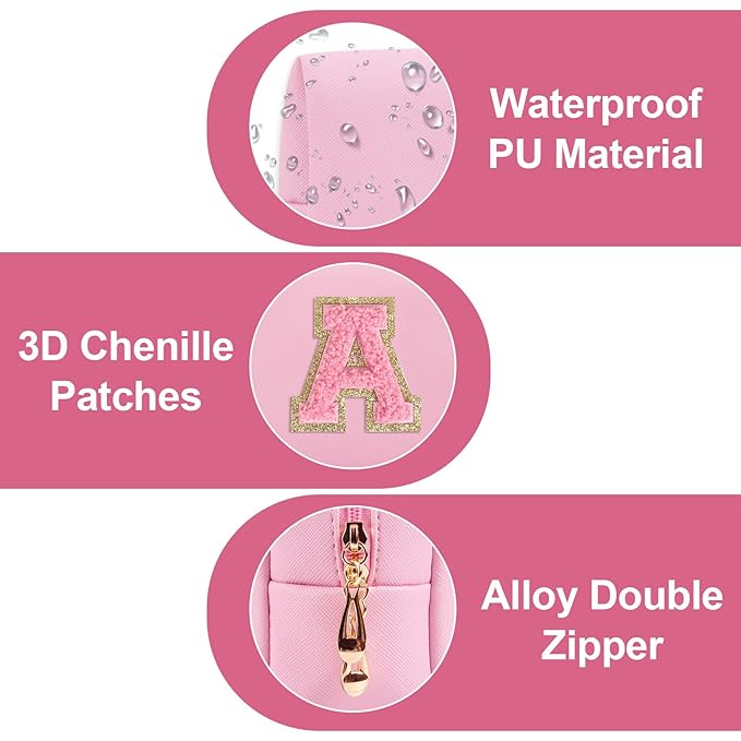 Personalized Initial A-Z Preppy Patch Makeup Bag,Small PU Leather Chenille Letter Cosmetic Bag with Zipper for Teen Girls,Pink Cute Travel Toiletry Bag,Birthday Monogrammed Gift for Daughter,Letter A