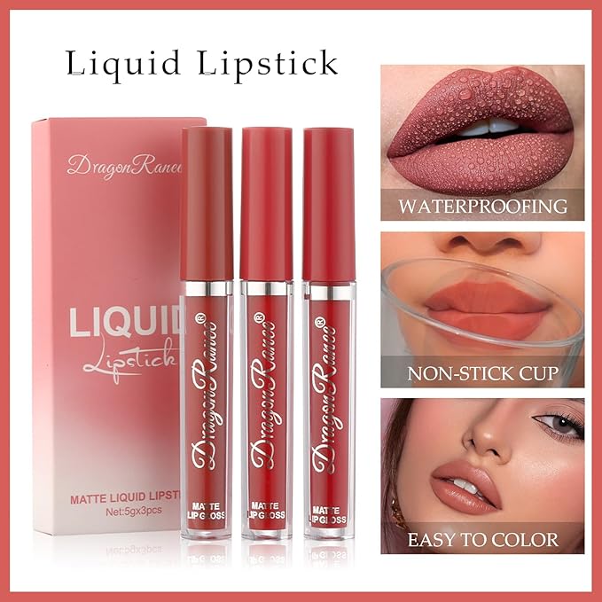 MĒTYSUR3Pcs Matte Lipstick Set - Long Lasting & Smudge-Proof, Hydrating Non-Drying lip gloss for Women, Natural Finish with Rich Shades, Nourishing Lipstick for Women, Soft Matte Lip Cream