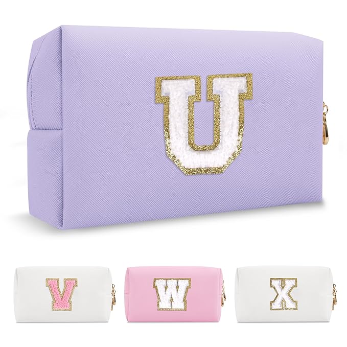Personalized Makeup Bag Initial A-Z Preppy Patch Bag,Small PU Leather Travel Cosmetic Bag Pouch with Zipper,Purple Cute Toiletry Bag,Gift Ideal for Teen Girls Women Birthday Friend Mom,Latter U