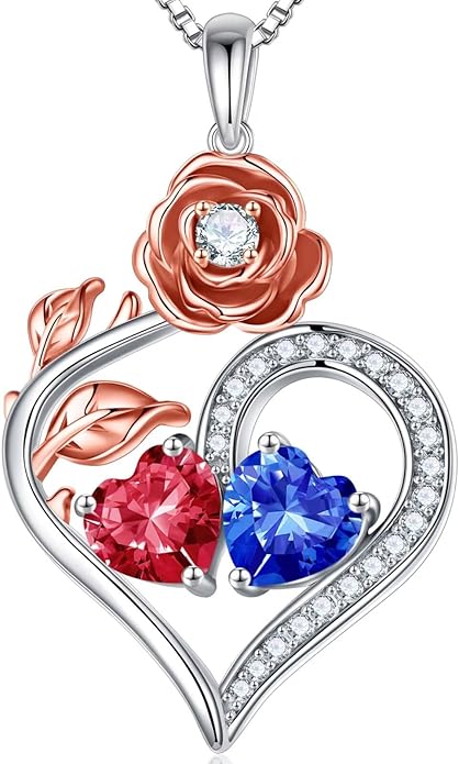 Iefil Rose Heart Birthstone Necklaces for Women - 925 Sterling Silver Double Birthstone Necklace, Anniversary Birthday Gifts for Women, Jewelry Gifts for Wife Her