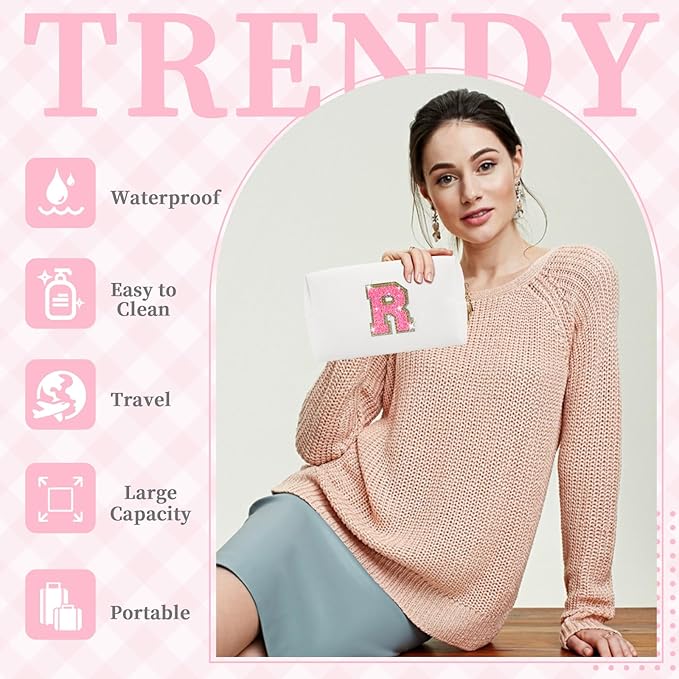 Small Personalized Initial A-Z Patch Makeup Bag,White Cute PU Leather Glitter Letter Cosmetic Bag for Teen Girls,Travel Toiletry Bag with Zipper,Preppy Monogrammed Birthday Gift for Daughter Niece R