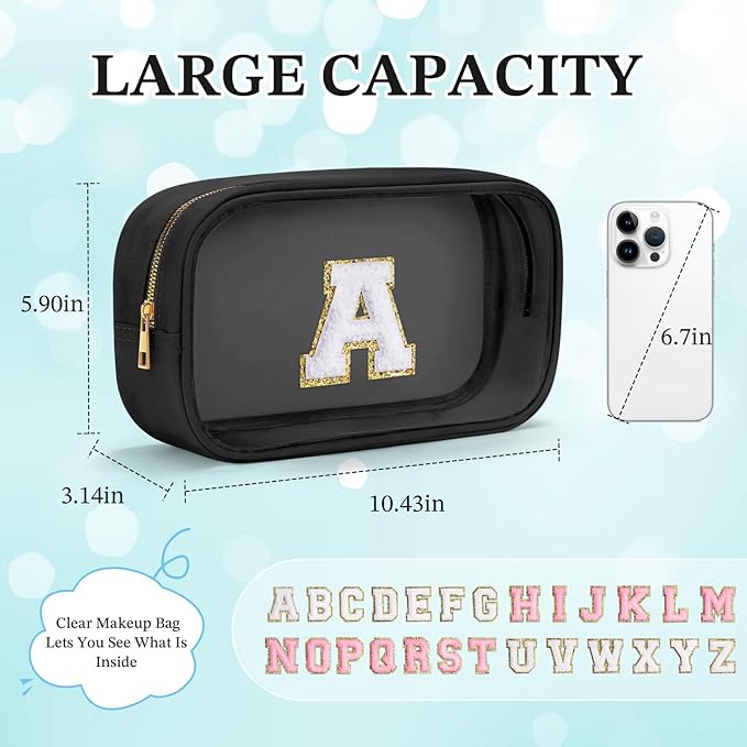 YOOLIFE Initial Travel Essentials Makeup Bag, Make Up Bag Skin Care Clear Toiletry Bag Pouch Cosmetic Bag Case Large Makeup Bag Personalized Birthday Gifts for Women Teacher Mom Teen Friends Black V