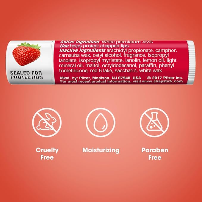 ChapStick Classic Strawberry Lip Balm Tubes, Lip Care and Lip Moisturizer - 0.15 Oz (Pack of 12)