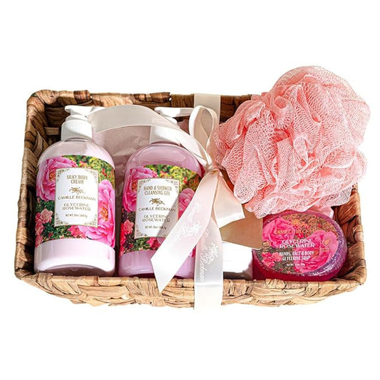Camille Beckman Essentials Gift Basket - Rosewater Glycerine Hand Therapy 6 oz, Silky Body Cream 13 oz, Hand & Shower Cleansing Gel 13 oz, Glycerine Soap 3.5 oz