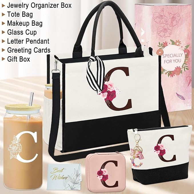 Birthday Gifts for Women,Initial Canvas Tote Bag,Monogrammed Gift for Women,16oz Initial Glass Cup,Makeup Bag with Zipper,Jewelry Organizer Box,Personalized Gifts for Mom-C
