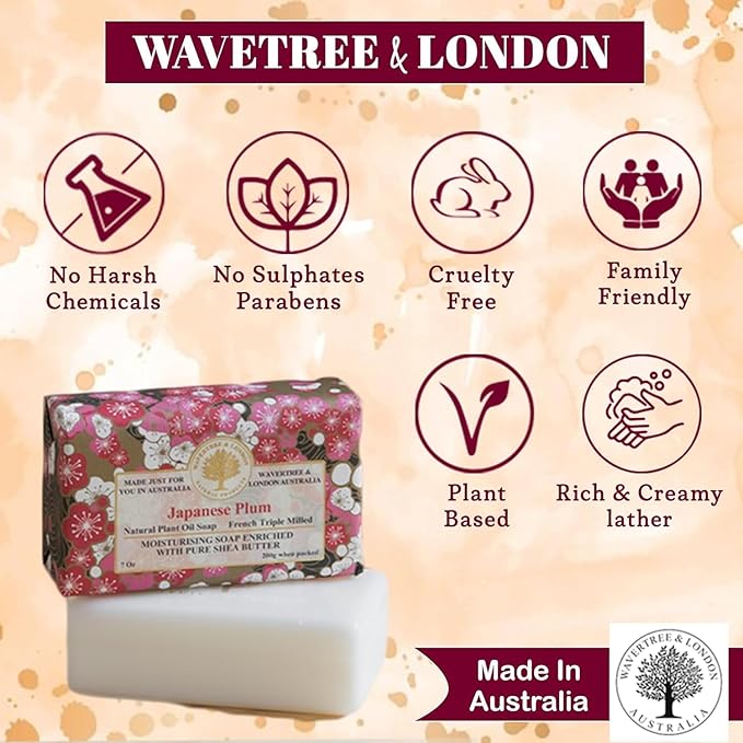Wavertree & London Japanese Plum Scented Natural Soap (2 Bars), 7oz Moisturizing French Triple Milled Soap Bars enriched with shea butter - Pure Plant Based Bath & Body Bars for All Skin Types