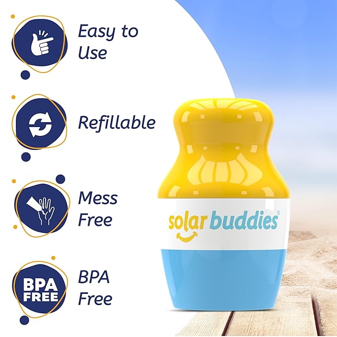 Solar Buddies Sunscreen Applicator - Blue & Pink Duo - BPA-Free Refillable Roll on Sponge Sunscreen, Suncream & Lotion Applicator For Kids, Adults & Families - Holds 3.4fl oz, Perfect Size for Travel