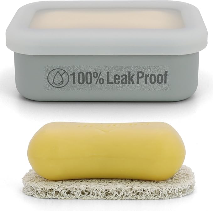 Compact Leakproof Travel Soap Case, Silicone Travel Soap Container, Portable Soap Box with Drainage Layer, Shatterproof Soap Holder for Bathroom, Gym (Gray)