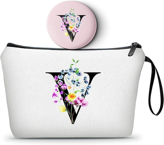 Mom Birthday Thank You Appreciation Gifts for Women Aunt Teacher Coworkers Bride Bridesmaid Monogrammed Travel Makeup Cosmetic Bag with Mirror Valentines Mothers Day Christmas Graduation V