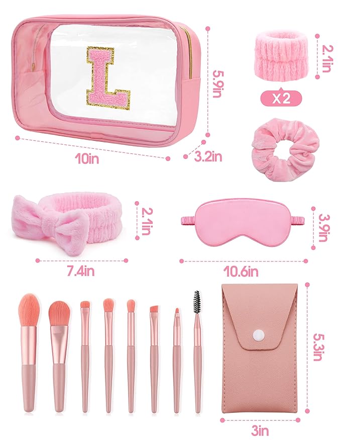 Gift Sets for Women, Initial Makeup Bag with Makeup Brush Set Bachelorette Party Favors, Pink Spa Kit with Skincare Headbands Wrist Bands Sleepover Party Supplies Gifts for Teen Girls Bridesmaid L
