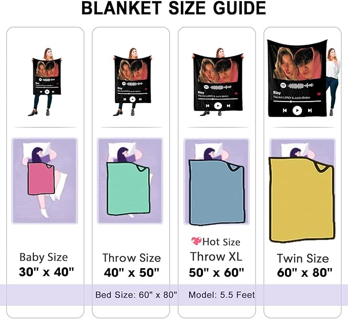 Ships Next Day-Printed in USA, Spotify Code Music Blanket with Photo for Boyfriend and Girlfriend Gifts, Picture Blankets Wife Birthday Photo Gifts