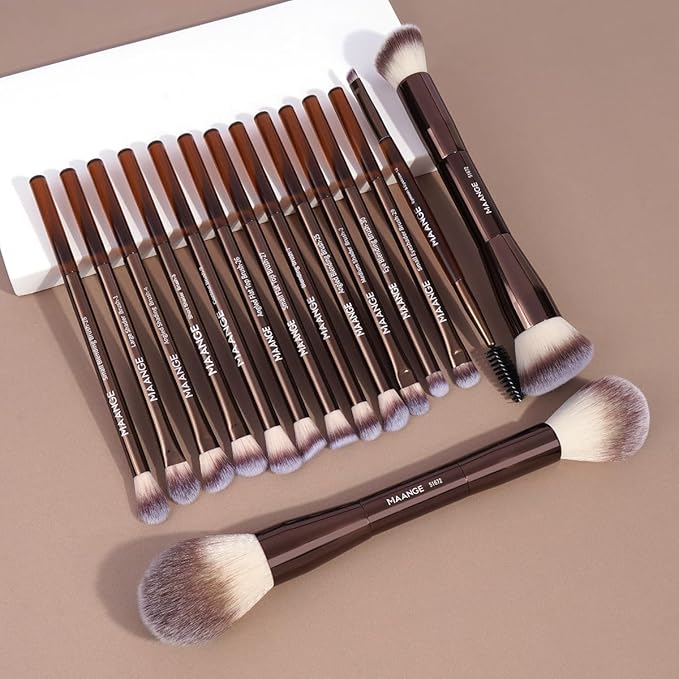 MAANGE 15 PCS Makeup Brushes Double-ended Makeup Brush Set Double Sided Angled/Round Top Brush Foundation Contour Blending Eyebrow Eyeshadow Concealer (Coffee)